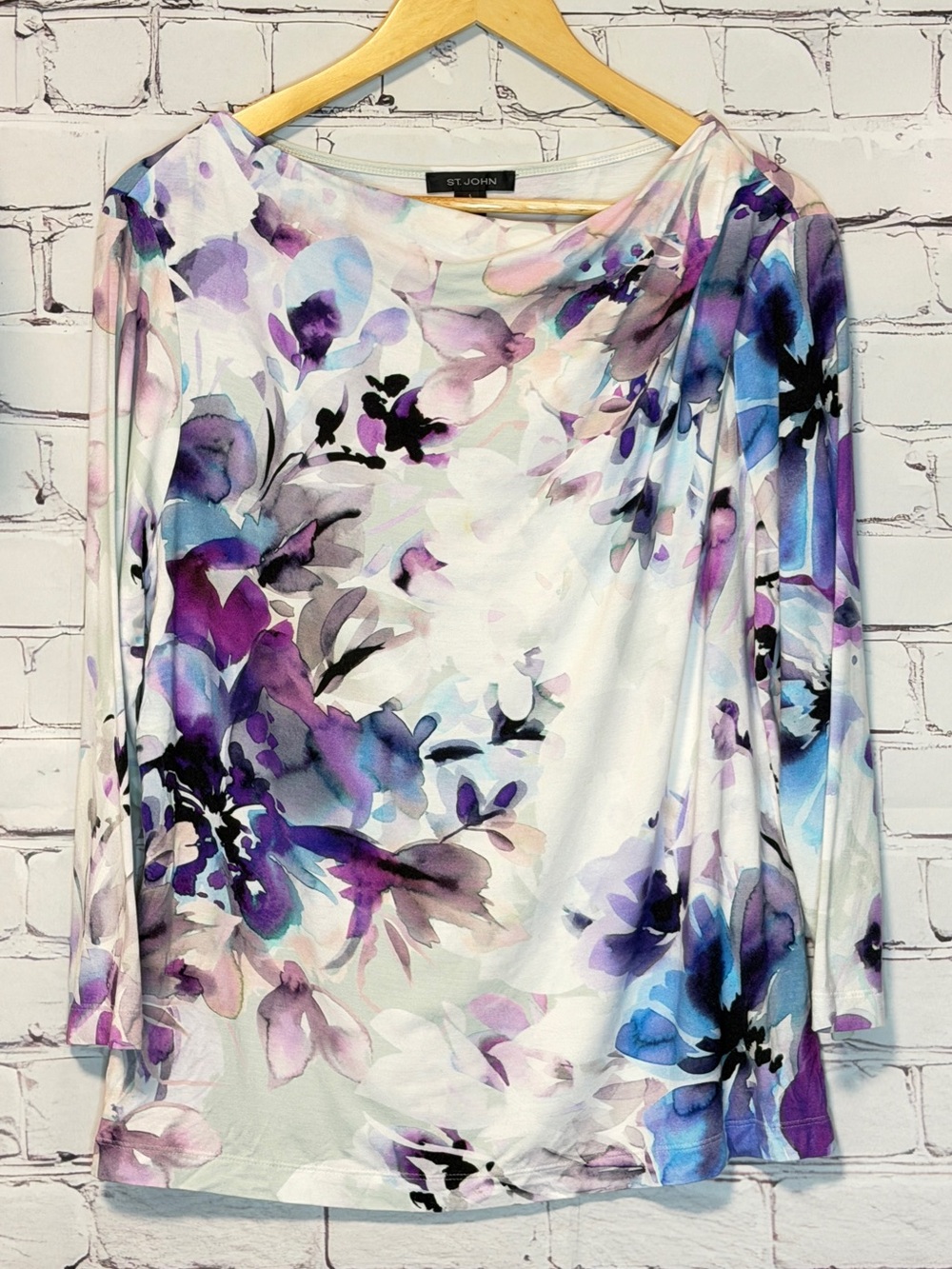 ST JOHN WATERCOLOR LONG SLEEVE KNOT TOP FLORAL EASY WEAR CHIC SIZE LARGE - Picture 7 of 9